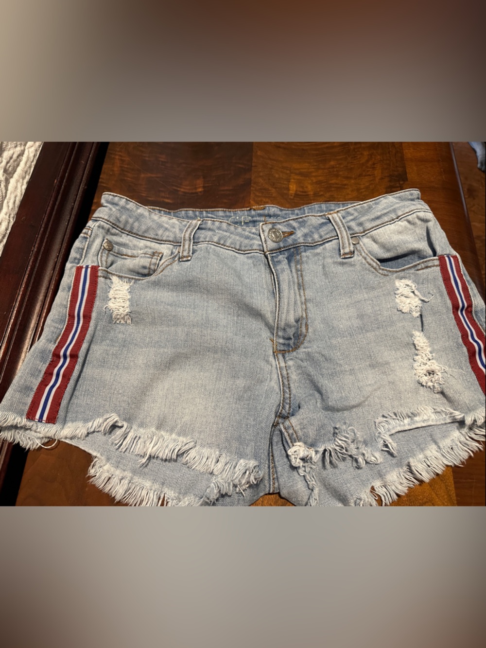 CPJ Light Blue Distressed Denim Women's Shorts with Red-White-Blue Stripe 5